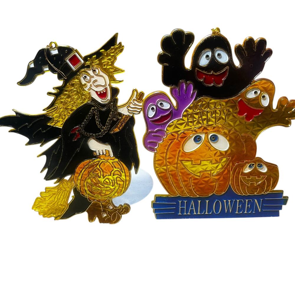 Vintage Plastic Stained Glass Sun Catcher Witch ghost pumpkin Halloween Decor